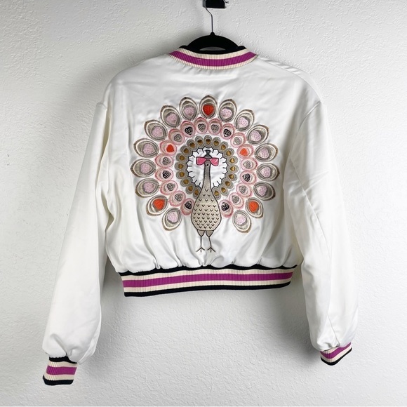 Maje Peacock Embroidered Satin Bomber Jacket White Small Casual Sporty Cropped - Picture 3 of 9
